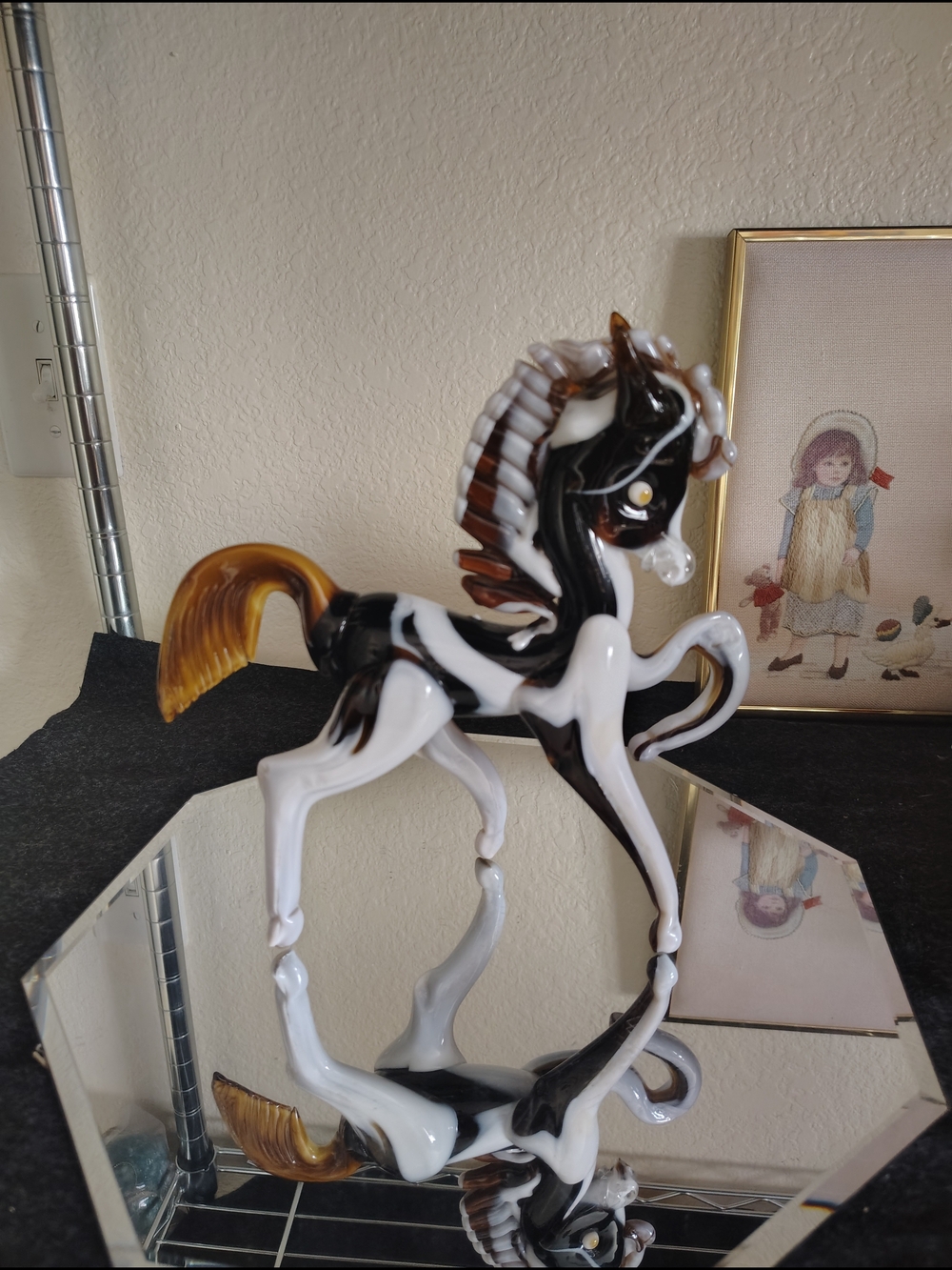 9 Inch By 8.5 Inch Vintage Glass Horse Figurine in Black, White & Amber